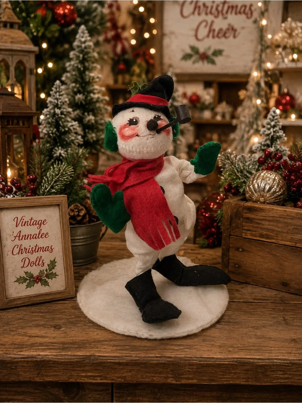 Annalee Teddy Bear & White Snowman Plush Pair with Knit Accessories and Stands